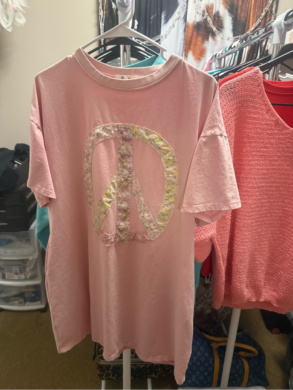 Pink Short Sleeve Tee with Floral Peace Sign